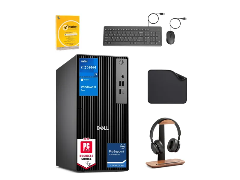 [QCT1250] Dell Pro Tower QCT1250 Desktop – 14th Gen Intel Core i7-14700, 16GB DDR5 RAM, 512GB SSD, Intel UHD Graphics, Wi-Fi 6E, Windows 11 Pro, 1-Year ProSupport + 1st Wave Headset Stand, Keyboard, Mouse, Mousepad & Antivirus